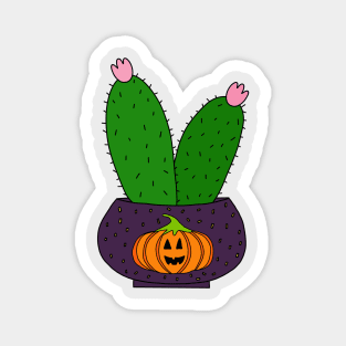 Cute Cactus Design #165: Cute Cacti In Halloween Pumpkin Pot Magnet