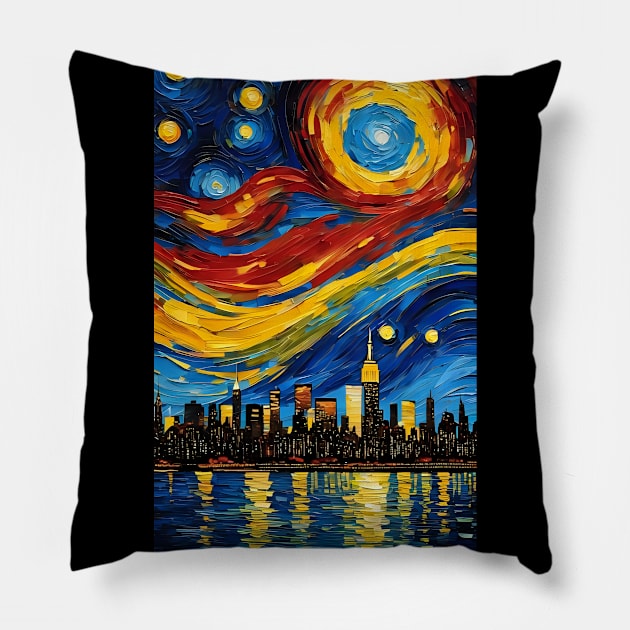 Newyork City skyline in Starry night style Pillow by Spaceboyishere