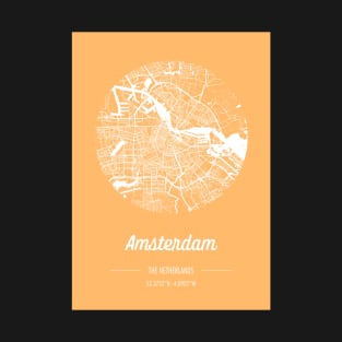 City map in golden yellow: Amsterdam, The Netherlands, with retro vintage flair T-Shirt