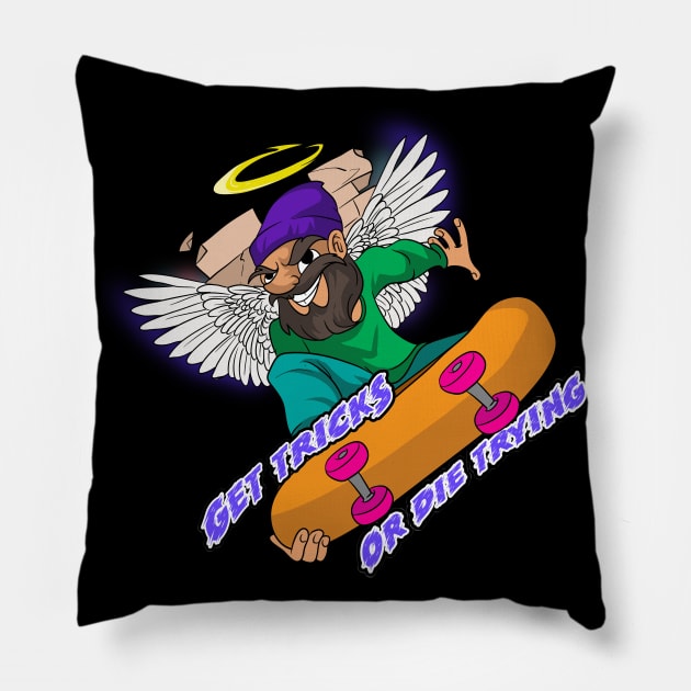 Get Tricks or Die Trying Skater Angel Gnome Skateboarding Pillow by Trendy Black Sheep