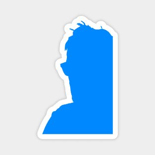 Half a guy facing left silhouetted blue. Magnet