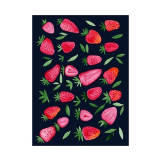 Watercolors strawberries - red and green on dark background T-Shirt