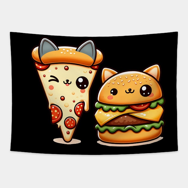 Kawaii Cat Buger and Pizza Lover Tapestry by dukito