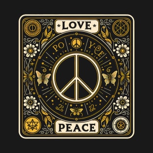 Retro Tarot Peace Sign, Gold Hippie Love War T-Shirt