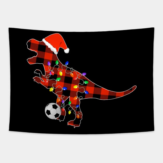 Soccer Christmas Red Plaid T Rex, Funny Santa Hat Pajamas Tapestry by Printofi.com