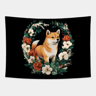 Shiba Inu Dog, Rose, Floral Ornament Tapestry