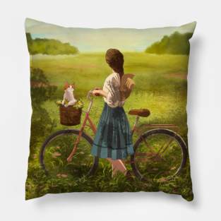 Girl with bike and cat in nature Pillow