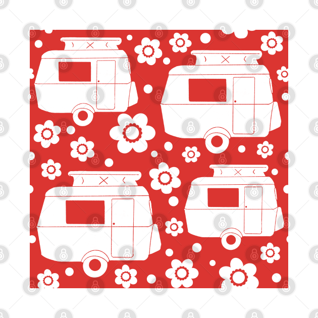 Daisy Polka Dot Vintage Caravan Pattern in Red and white by NattyDesigns