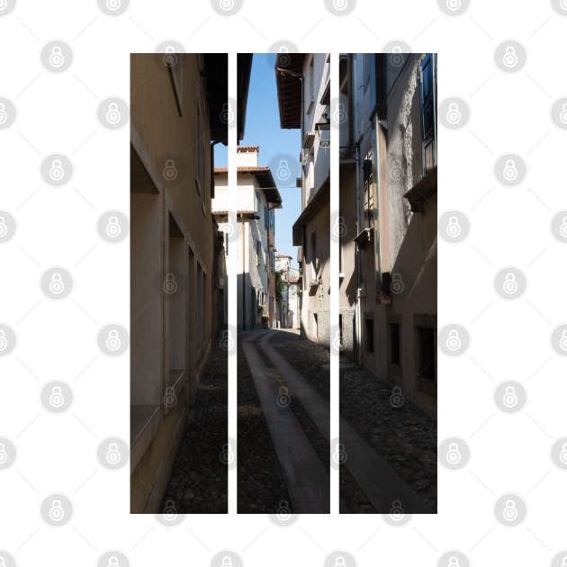 North Italy Life in the center of the lombard medieval city. Walking through narrow streets and walls. Sunny summer day. (vertical) by fabbroni-art