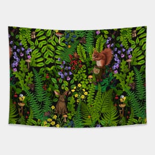 Forest life- squirrel, bird and rabbit Tapestry