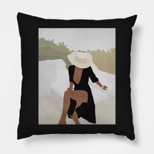 Woman, Hat, Boho style art, Mid century art Pillow