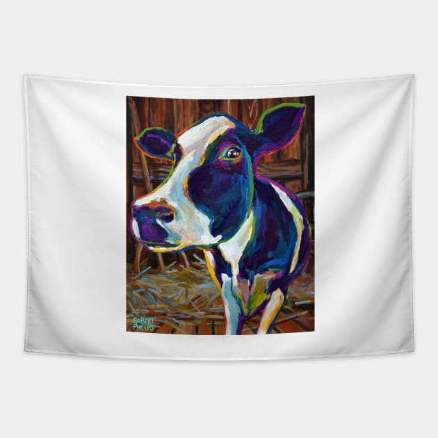 Colorful Farm Cow in Barn Painting by Robert Phelps Tapestry by RobertPhelpsArt