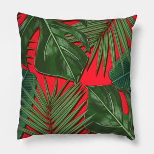 Monstera, Spider Palm, Tropical Leaves Print on Red Pillow