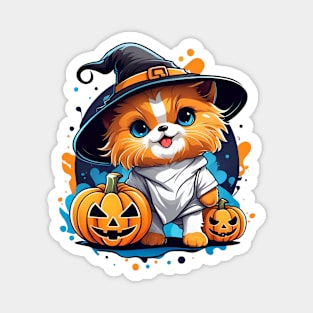 A Cat wearing a witches hat and holding a pumpkin Magnet