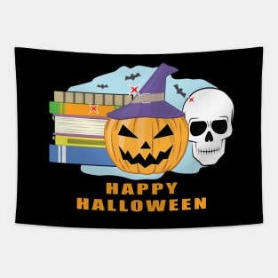 Happy Reading Halloween - Spooky Skull, Pumpkin & Books Tapestry