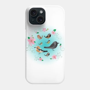 A collection of cute birds in a floral wreath Phone Case