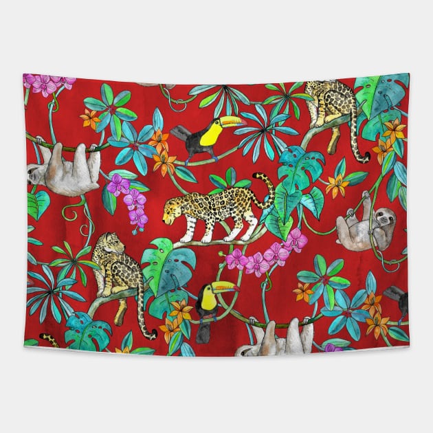 Rainforest Friends - watercolor animals on textured red Tapestry by micklyn