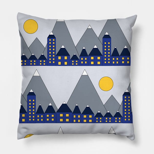 Blue houses in front of snowy mountains and the moon. Geometric shapes winter night. Blue yellow white and gray winter print. Winter village. Pillow by Sandra Hutter Designs