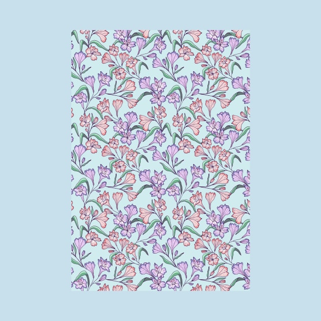 Happy lily flowers botanical pattern in light blue by Natalisa