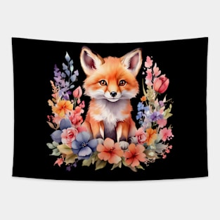 A red fox decorated with beautiful watercolor flowers Tapestry