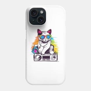 Playful cat wearing sunglasses and holding a boombox Phone Case