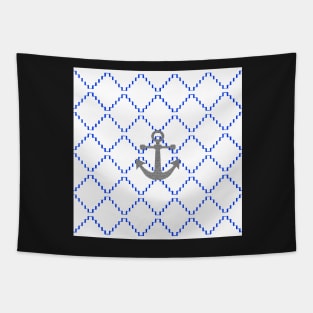 Abstract geometric pattern - blue and white - black anchor Tapestry