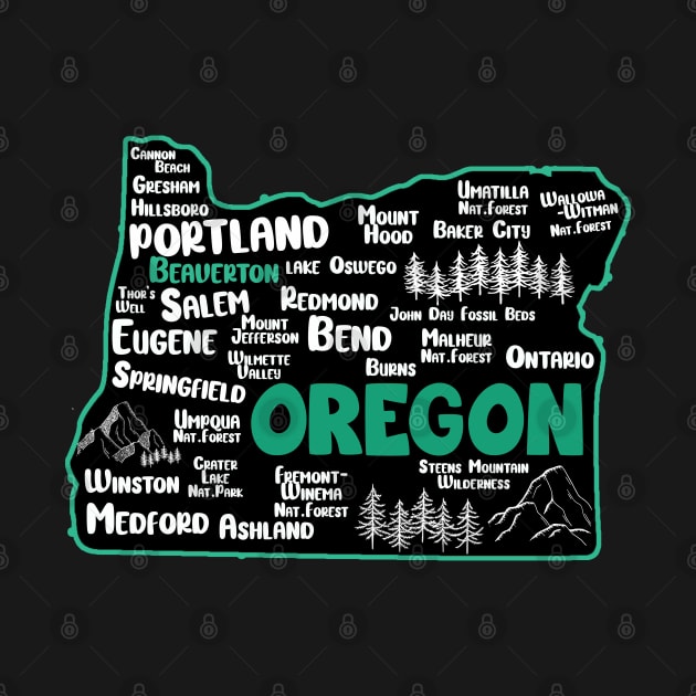 Cute map of Beaverton Oregon, Portland, Salem, Eugene, Springfield, Bend, Ontario, Medford by BoogieCreates