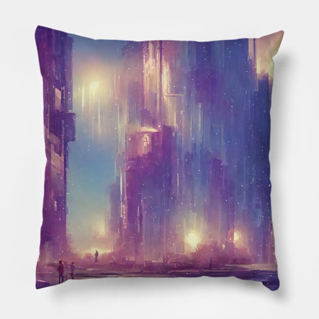 Ai Generated Art Scenery - Futuristic City with beatiful lighting Pillow by Double E Design