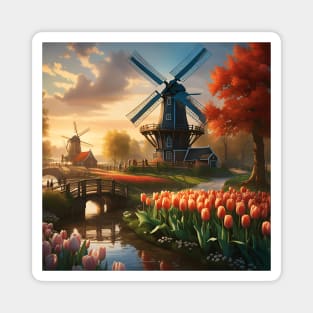 Windmill in Dutch Countryside by River with Tulips Magnet