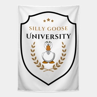 Silly Goose University - Angry Cartoon Goose Emblem With Golden Details Tapestry