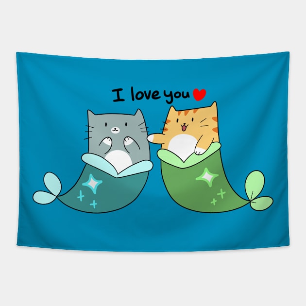 I Love You Blue MerCat and Orange MerTabby Tapestry by saradaboru