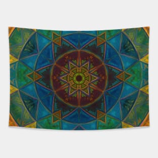 Mosaic Kaleidoscope Flower Blue Yellow and Green Tapestry