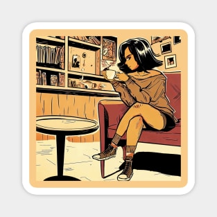 Woman drinking coffee in warm living room. Minimalist lineart Magnet