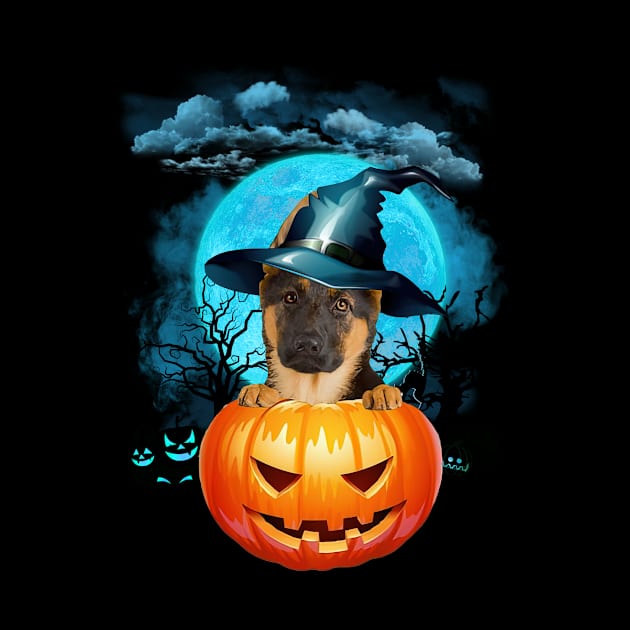 German Shepherd Witch Hat Pumpkin And Blue Moon Halloween by Tagliarini Kristi