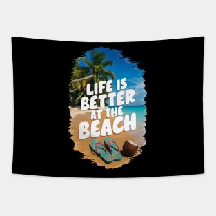 Life Is Better At the Beach Flip Flops Tropical Beach Life Poinsettias Palm Trees Summertime Summer Vacation Tapestry