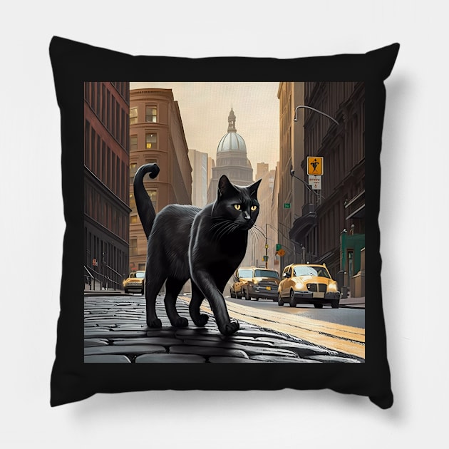 Black Cat walking down a street in the city Sticker Pillow by MeatLuvers