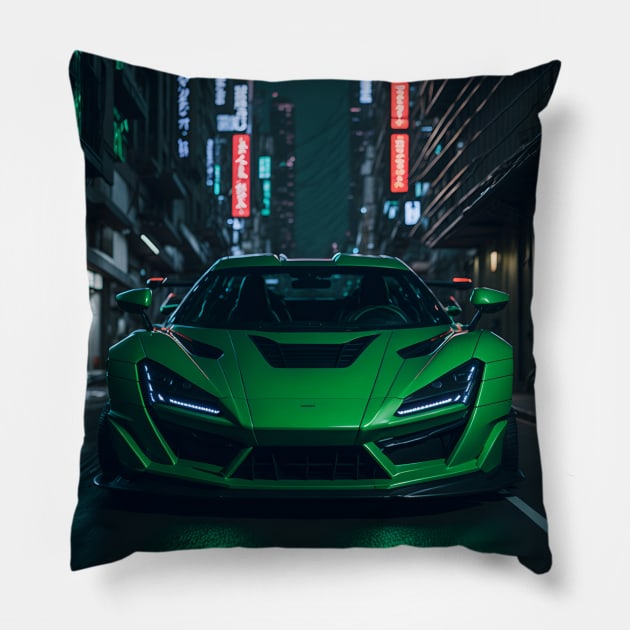 Dark Green Sports Car in Japanese Neon City Pillow by star trek fanart and more