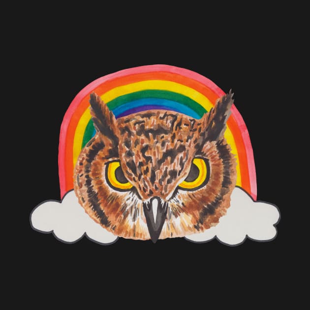 Owl with rainbow and clouds by deadblackpony