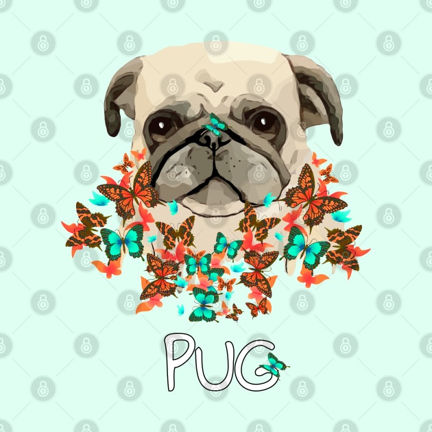 Pug, pug face and colorful butterflies, pug lovers, gift for pug lovers by Collagedream