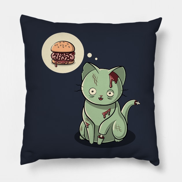 Zombie Cat Can Haz Brain Burger? Pillow by SJayneDesign