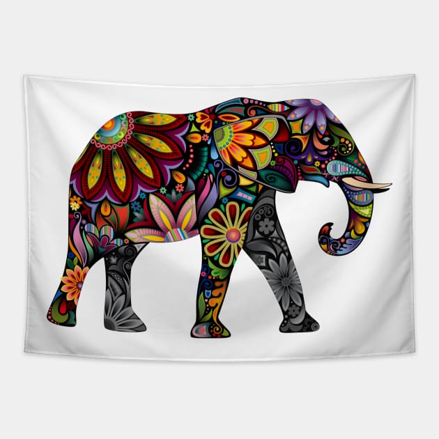 Colorful elephant in patterned design Tapestry by pickledpossums