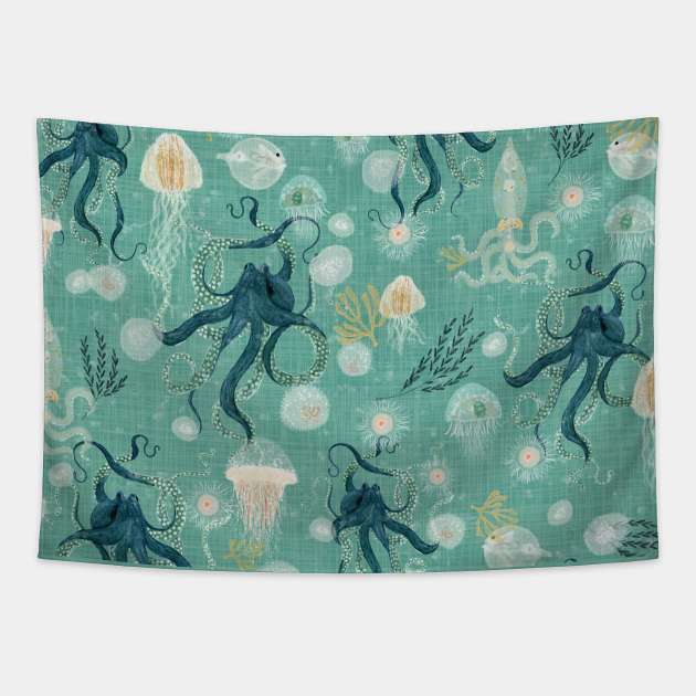 Octopus on teal Tapestry by katherinequinnillustration