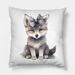 Gray Wolf Wearing Bow Pillow