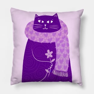 Cute purple cat with heart scarf and flower Pillow