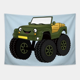 Green monster truck cartoon illustration Tapestry