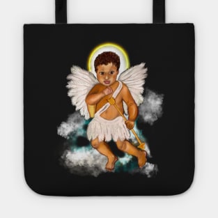 The Best Valentine’s Day Gift ideas 2022, Cupid.... baby angel holding an arrow with halo - curly Afro Hair and gold arrow Tote