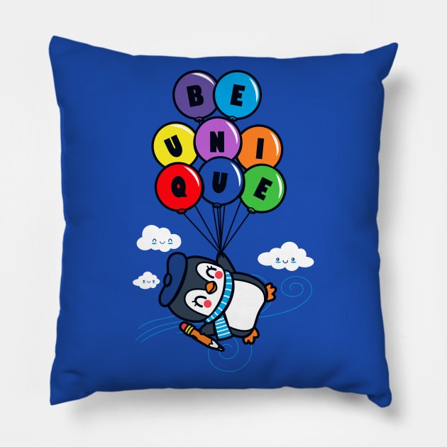 Be Unique Cute Kawaii Penguin Flying With Balloons Pillow by BoggsNicolas