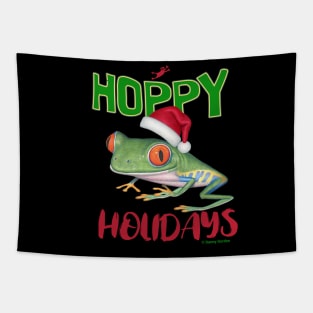 Cute Red Eyed Tree Frog on a Merry Christmas Hoppy Holidays Frog Tapestry