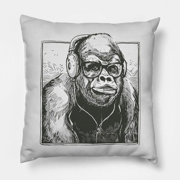 Hipster Gorilla with Headphones // Funny Gorilla Sketch Pillow by SLAG_Creative