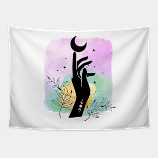 Goddess Hand and moon with watercolor background Tapestry